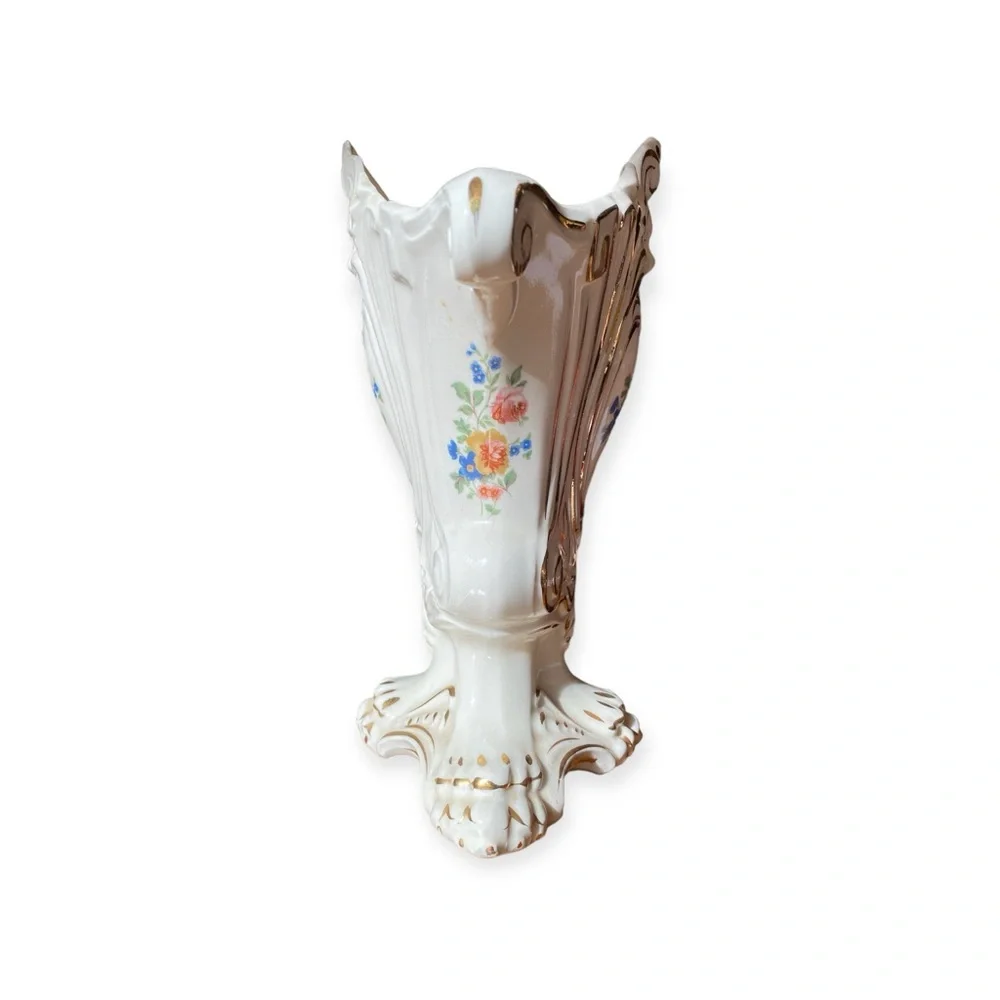 Vtg Paul's Gifts USA 9949 Victorian Fan Vase Ceramic Gold Gilt Floral Planter